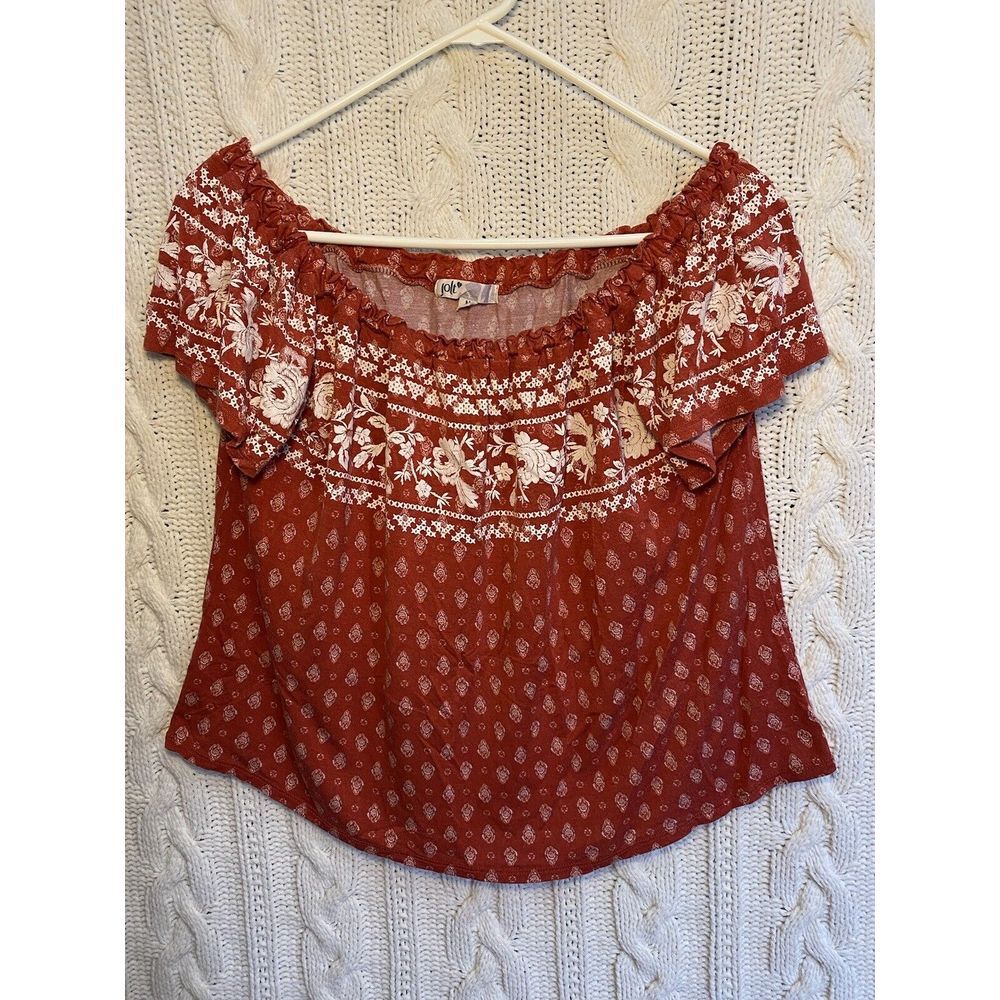 JOLT‎ M Burnt Orange Floral Print Off Shoulder Crop Top Boho Flowy - Picture 2 of 9
